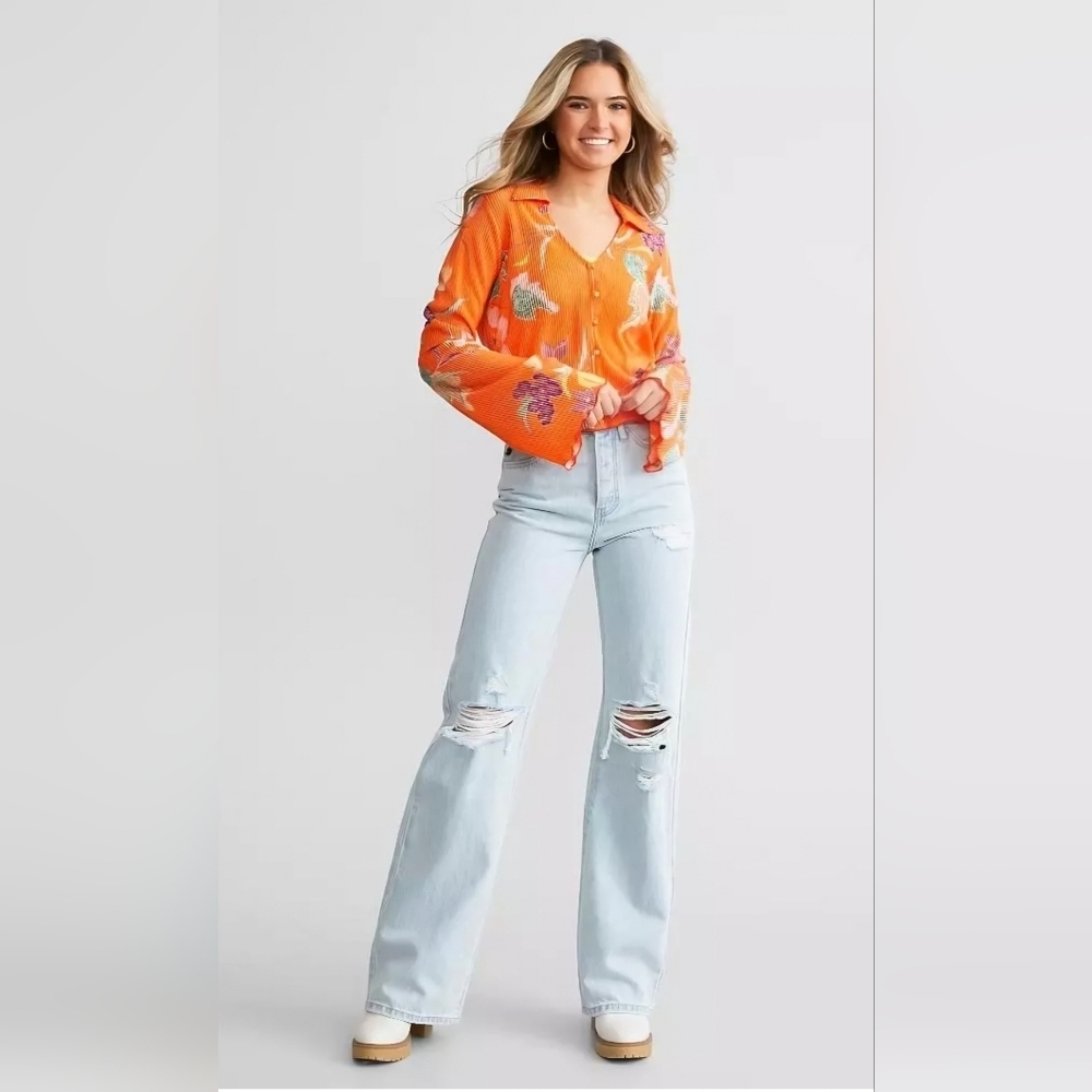 KanCan HR Button Fly Light Wash 90s Flare Jeans Distressed Cotton Long 5/26 NEW